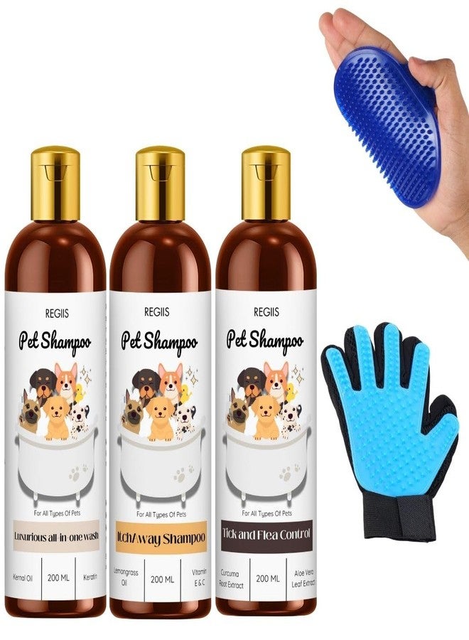 REGIIS Pet Shampoo Set with Grooming Gloves, 200 ml, All-in-One, Tick Control, Itch Relief, for Dogs and Cats(Pack of 5) - Image 1